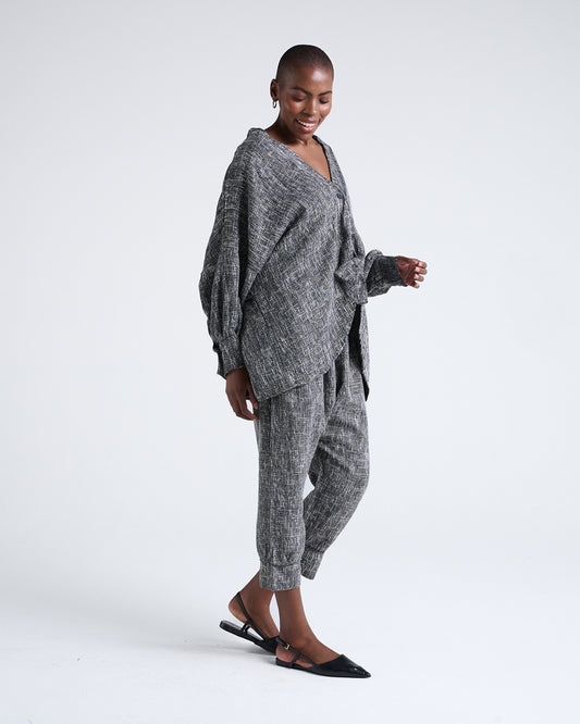 Designer Textured Linen-Blend Oversized Jacket – Batwing 5/4 Sleeves