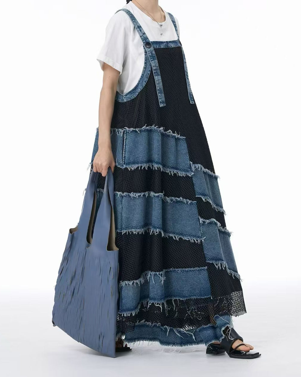 Artisanal Textured Denim Pinafore Dress with Mesh Panel Details