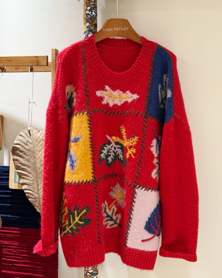 Hand-Embroidered Leaf Motif Knit Oversize Jersey