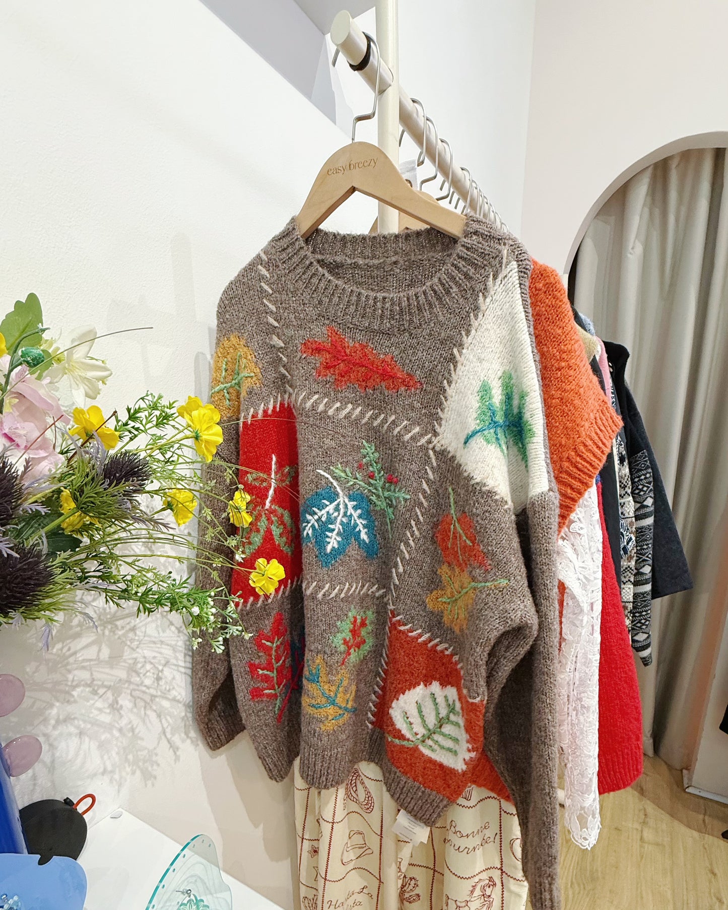Hand-Embroidered Leaf Motif Knit Oversize Jersey