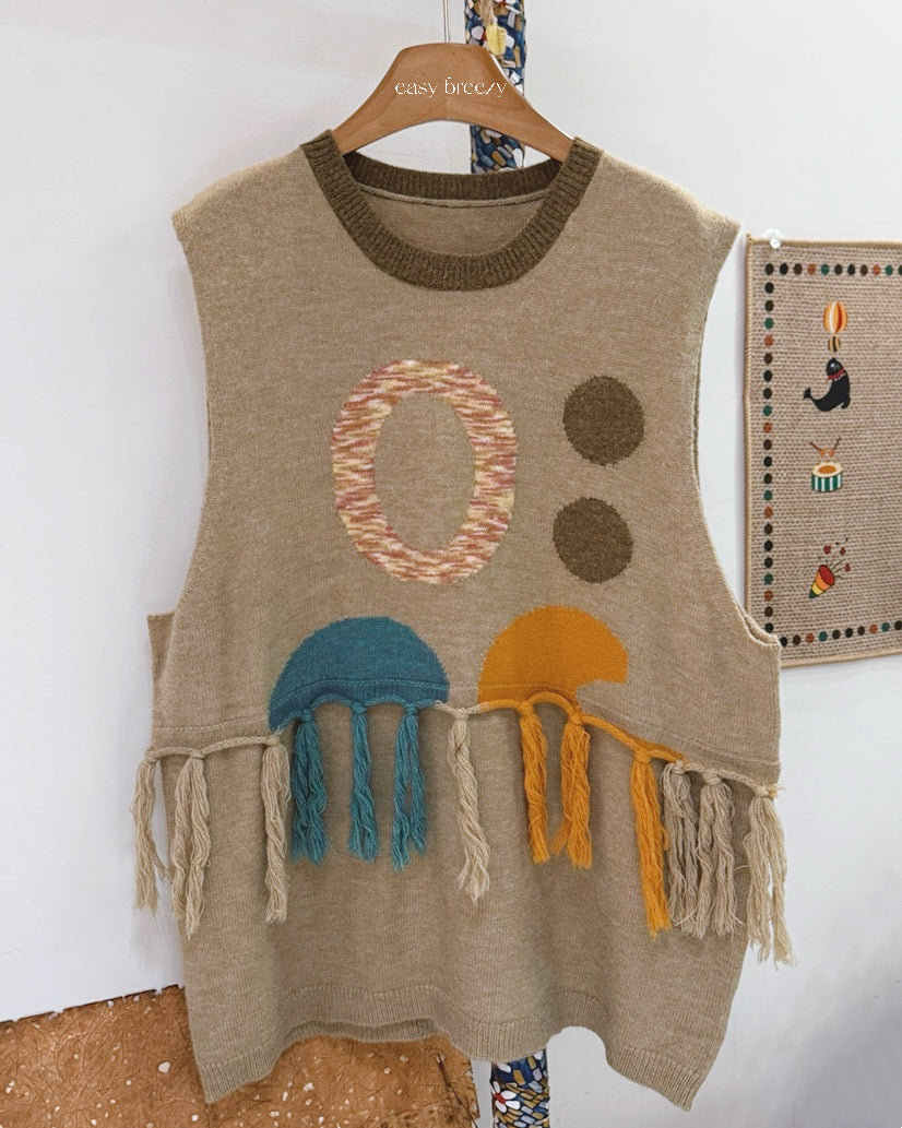 Graphic Color-Block Knit Vest with Fringe