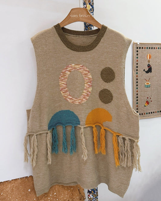 Graphic Color-Block Knit Vest with Fringe