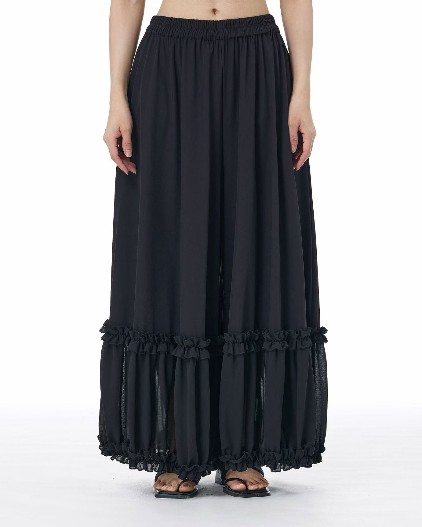 Wrinkle-Resistant Pants with Chiffon Ruffle Details