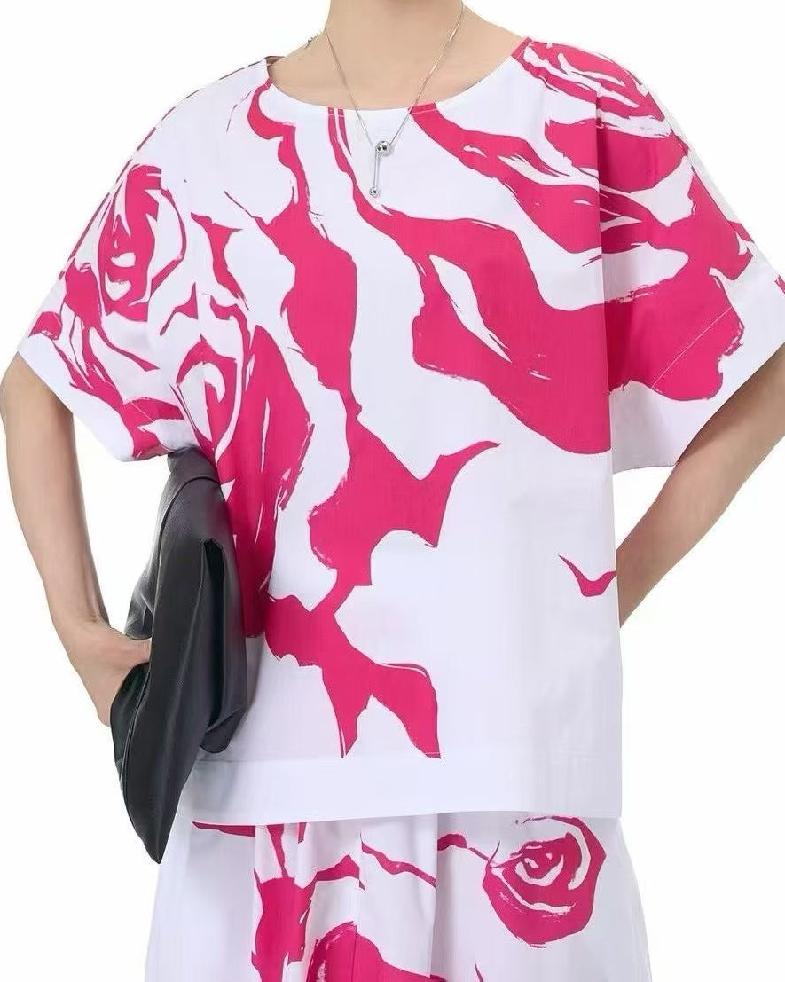 Abstract Flower Print Short Sleeves Cotton Shirt
