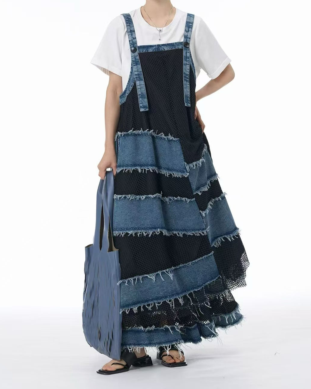 Artisanal Textured Denim Pinafore Dress with Mesh Panel Details