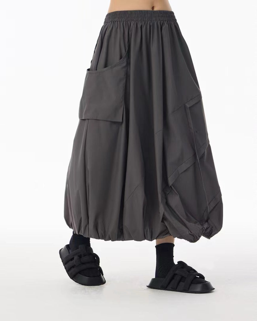 Grey Paneled Tulip Skirt with Patch Pocket Detail