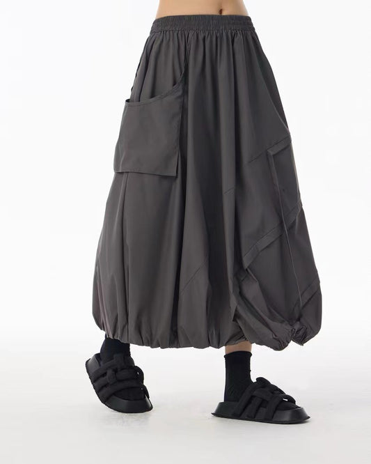 Grey Paneled Tulip Skirt with Patch Pocket Detail
