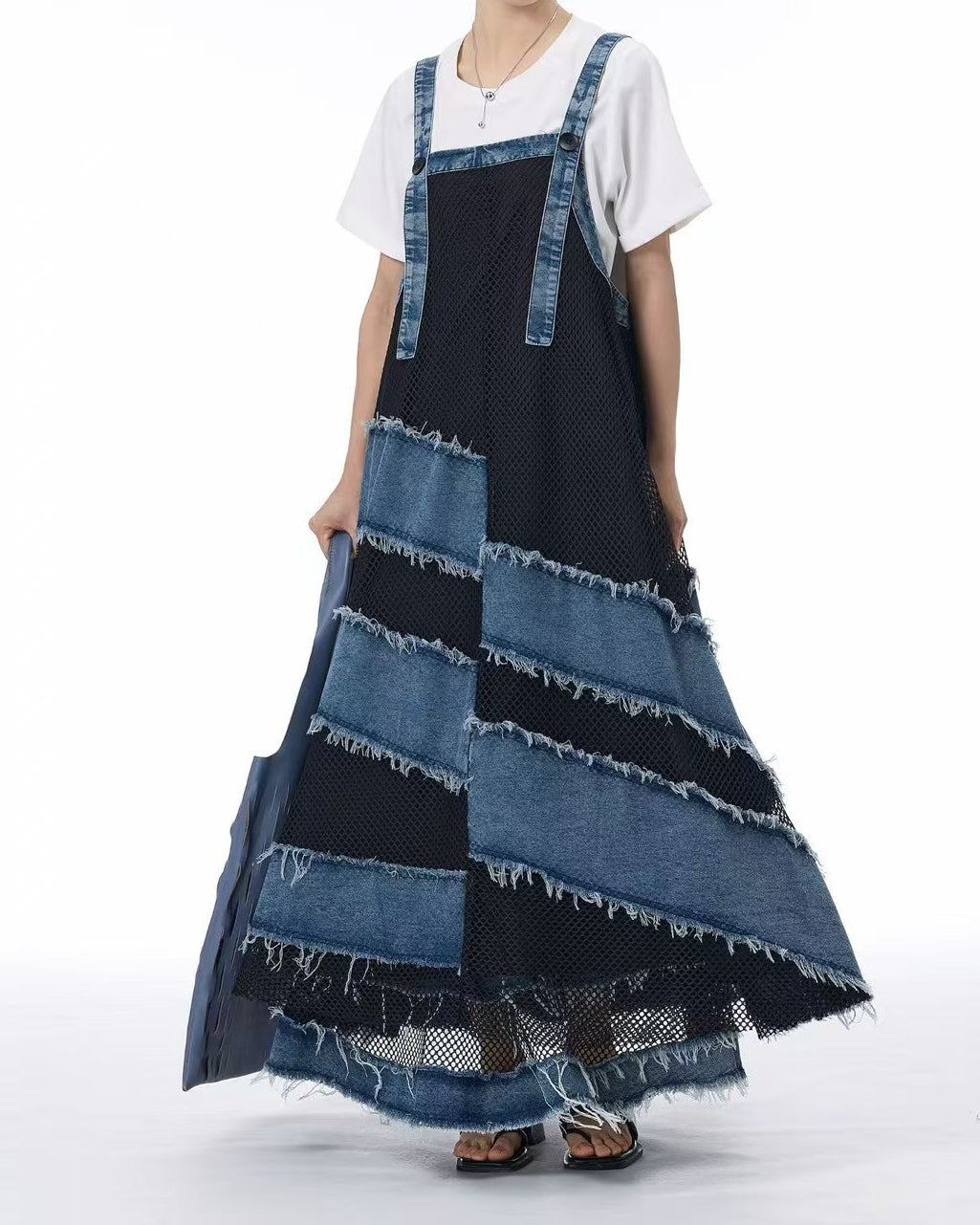 Artisanal Textured Denim Pinafore Dress with Mesh Panel Details