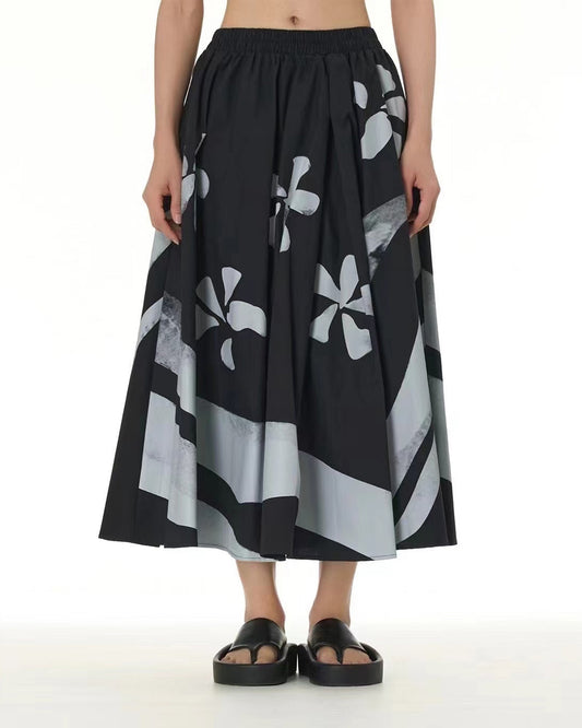Ink-Brush Floral Midi Skirt