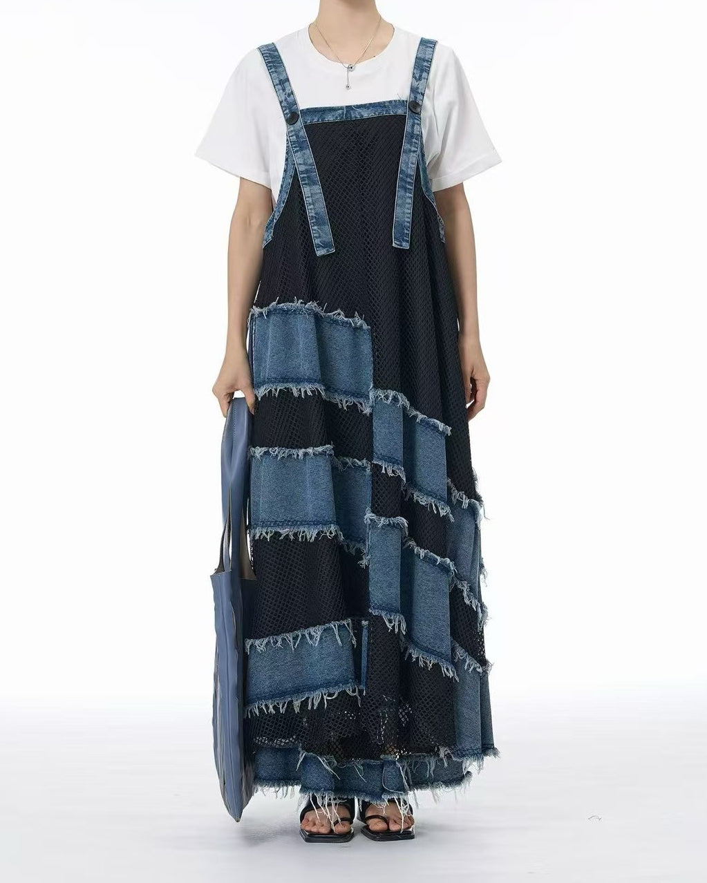 Artisanal Textured Denim Pinafore Dress with Mesh Panel Details