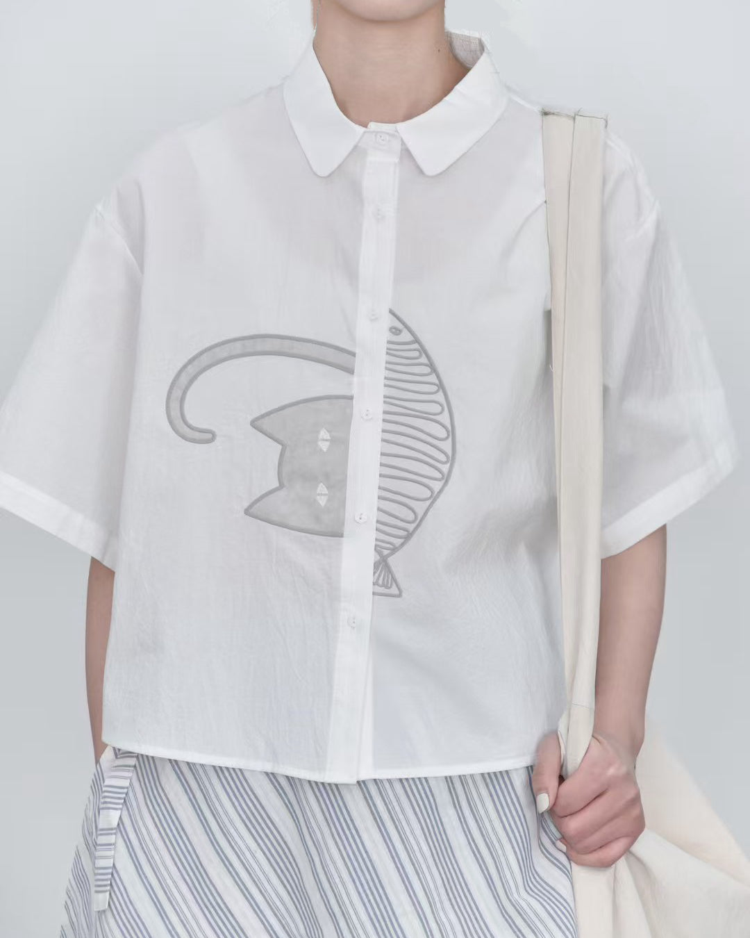 Playful Cat & Fish Appliqué Shirt Available in Black and White