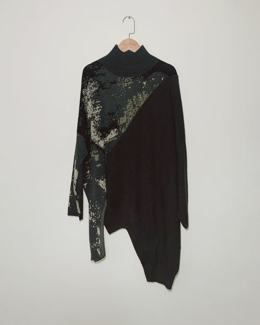 Wool-Cashmere Blend Artistic Jacquard Patchwork Mock-Neck Jersey