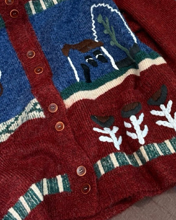 Hand-Embroidered Cardigan with House and Floral