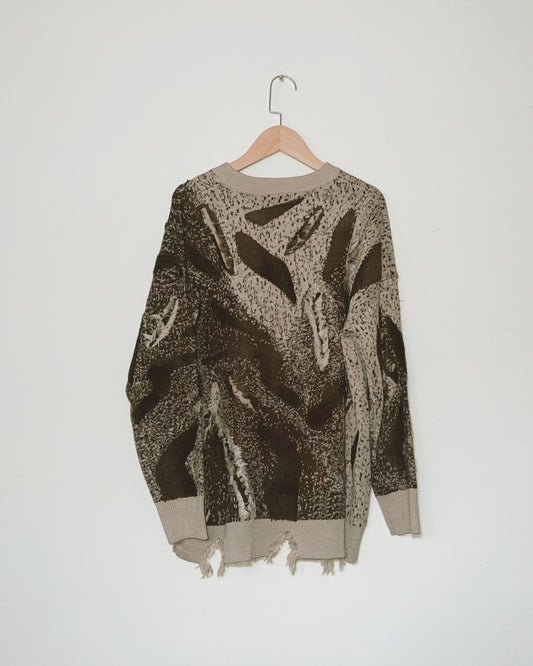 Wool-Cashmere Blend Artistic Jacquard Jersey with Distressed Detailing
