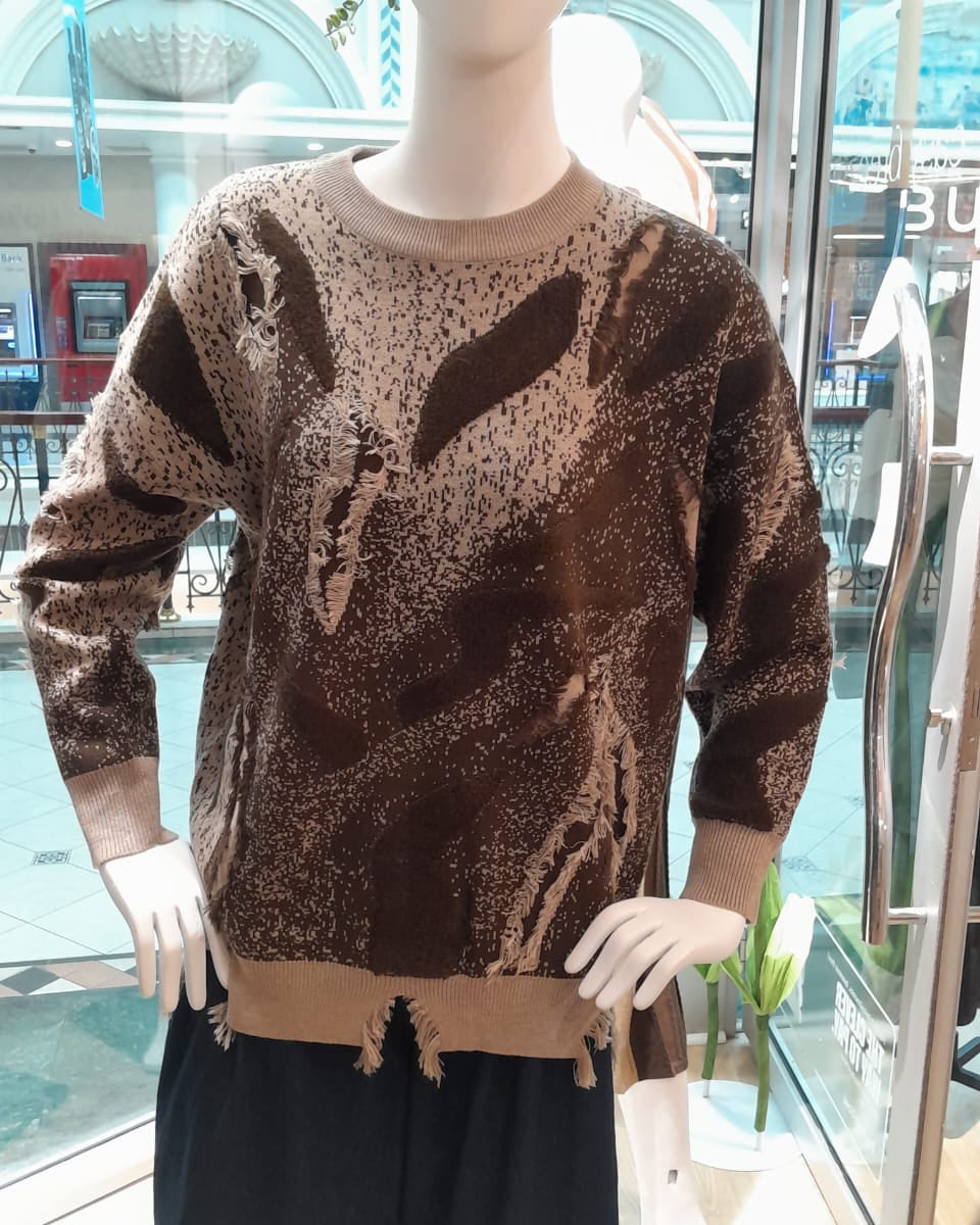 Wool-Cashmere Blend Artistic Jacquard Jersey with Distressed Detailing
