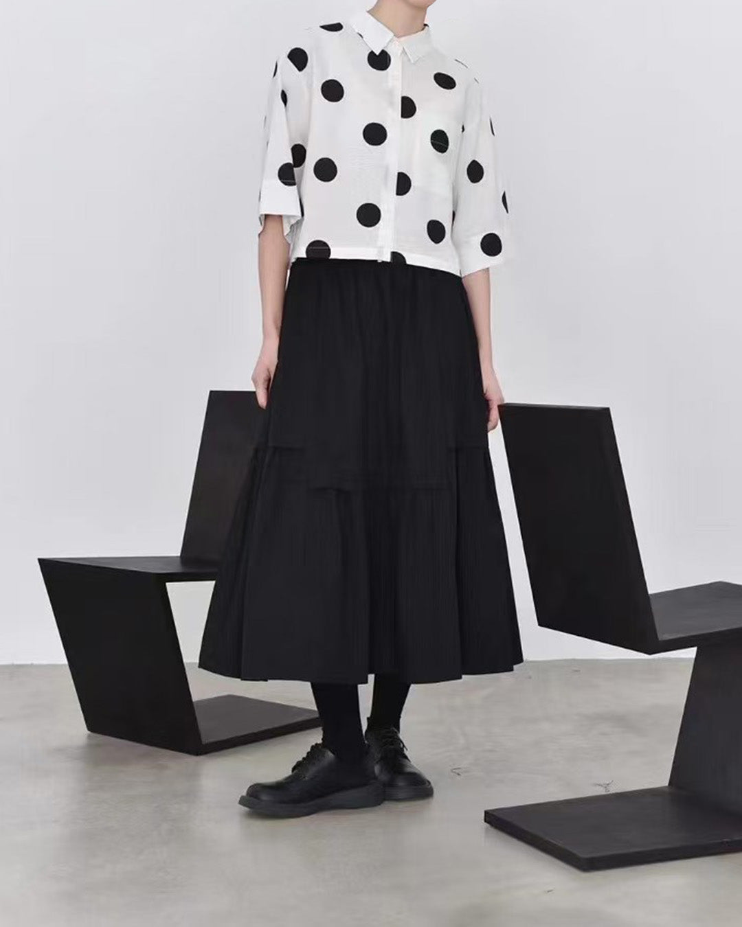 Playful Polka Back Pleated  Boxy Shirt