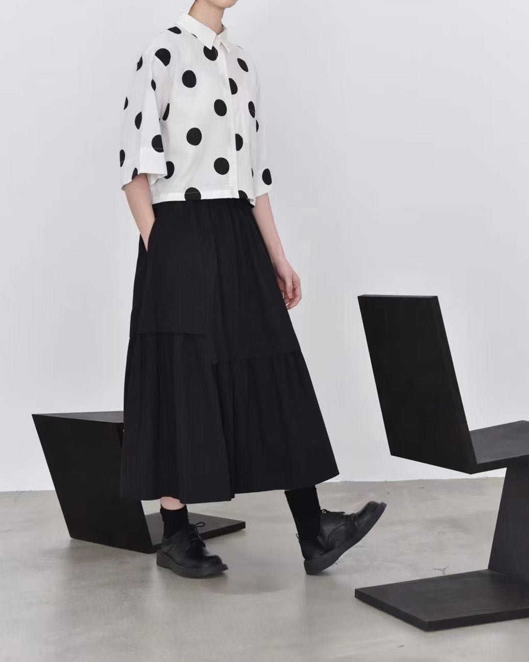Playful Polka Back Pleated  Boxy Shirt