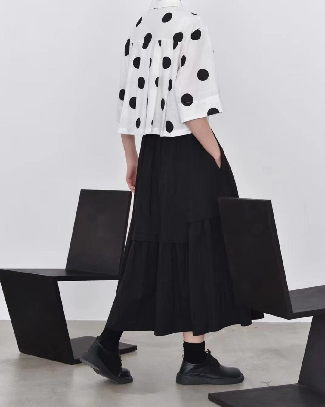 Playful Polka Back Pleated  Boxy Shirt