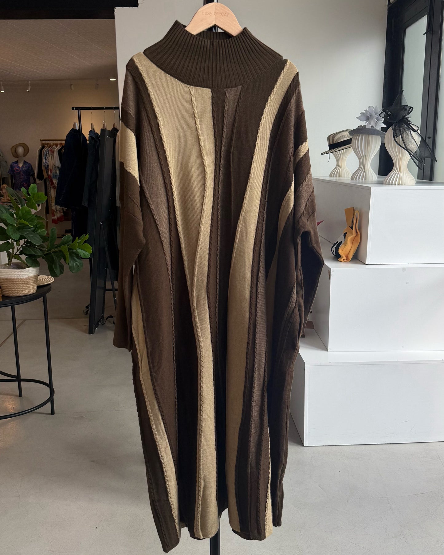 Wool-Cashmere Blend Irregular Striped Knit Dress with Braided Accents and Long Sleeves