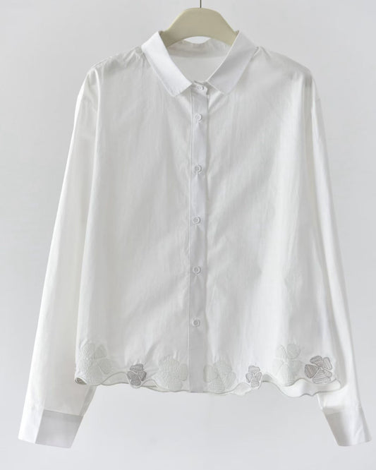 Line-Art Flower Embroidered Hem Shirt