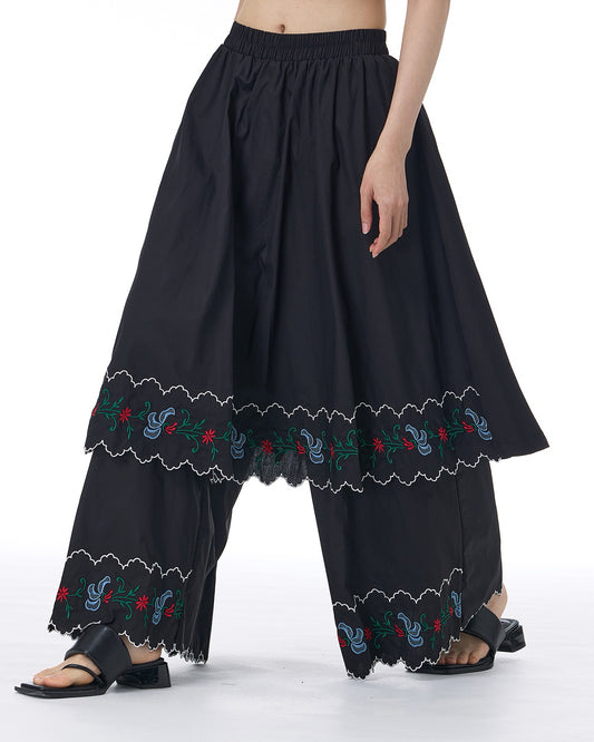 Embroidered Skirt-Overlay Trousers