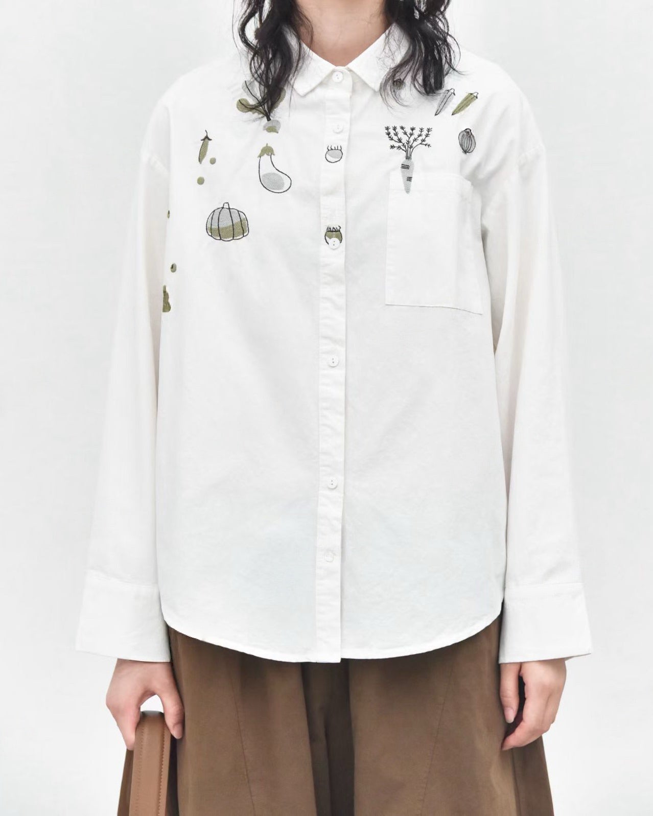 Contrast Vegetable Embroidery Washed Longline Shirt