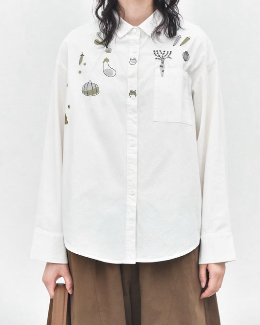 Contrast Vegetable Embroidery Washed Longline Shirt