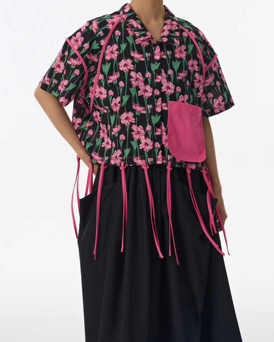 Pre-order Floral Top with Contrast Pocket & Fringed Hem