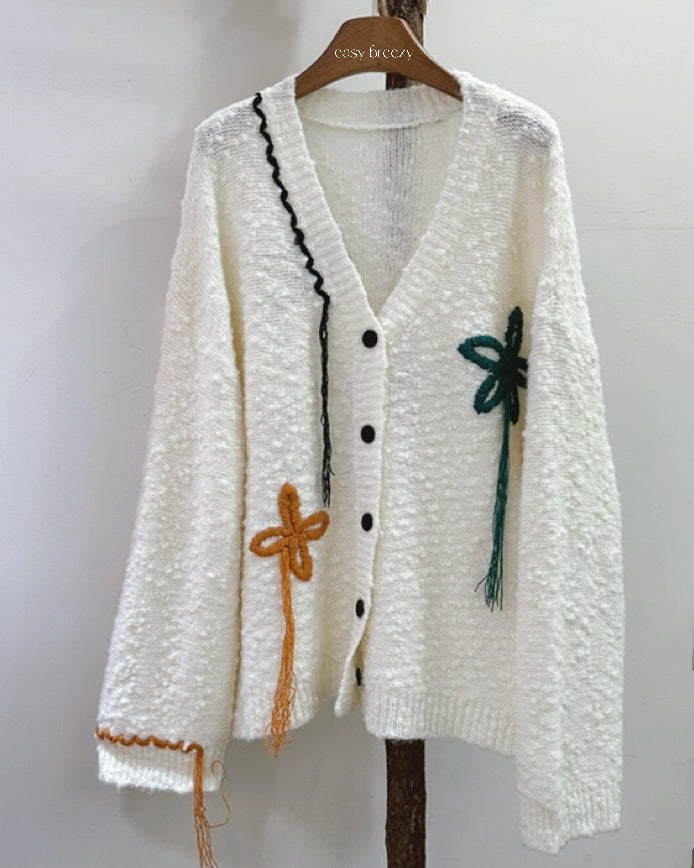 Hand-Embroidered Floral V-Neck Cardigan