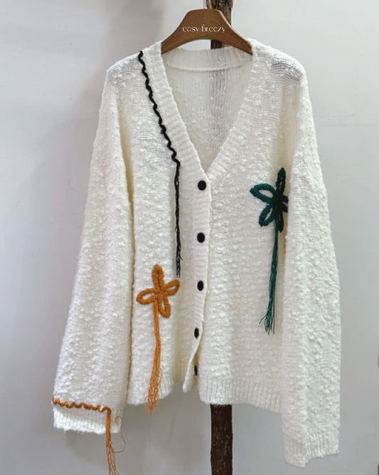 Hand-Embroidered Floral V-Neck Cardigan