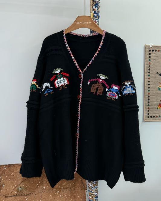 Hand-Trimmed Cardigan with Holding Hands Doll Motif