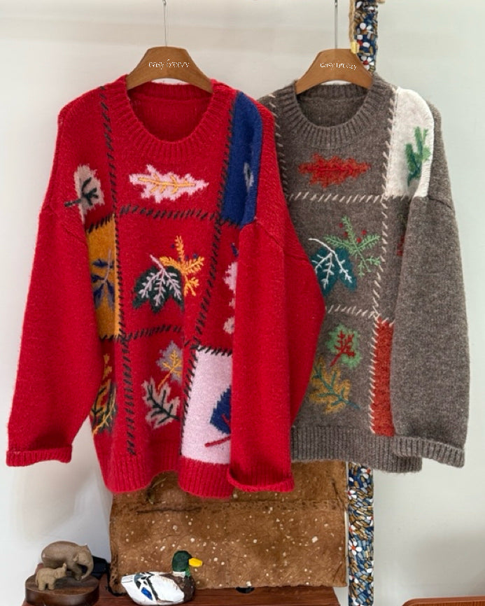 Hand-Embroidered Leaf Motif Knit Oversize Jersey