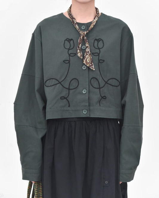 Embroidered Blooming Tulip Crop Jacket with Linen