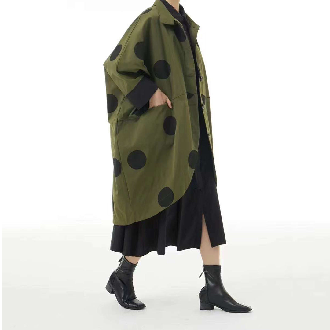 In Stock Dots Print Oversize Green Cocoon Shape Coat