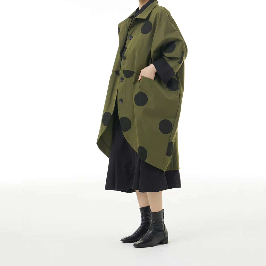 In Stock Dots Print Oversize Green Cocoon Shape Coat