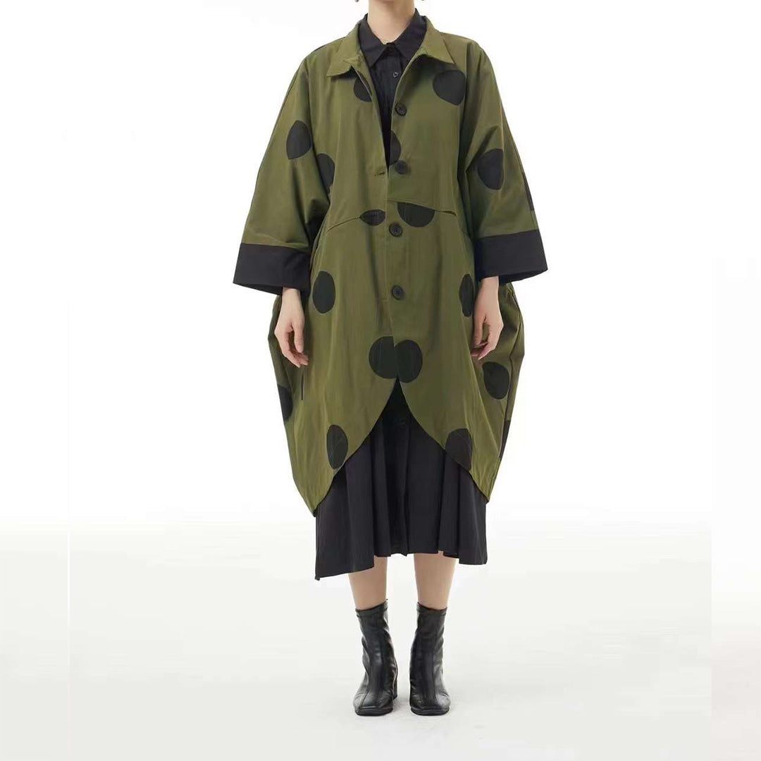 In Stock Dots Print Oversize Green Cocoon Shape Coat