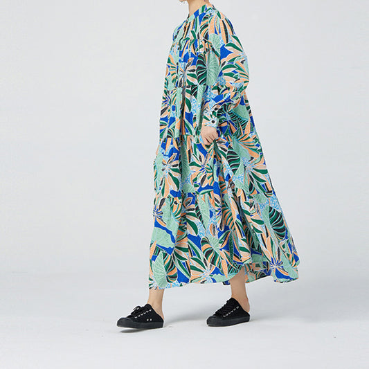 Vibrant Colours Botanical Print Long Sleeves Maxi Black Dress