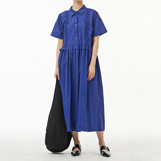 Elegant Blue Ruffles Decorations Cotton Loose Fit Dress