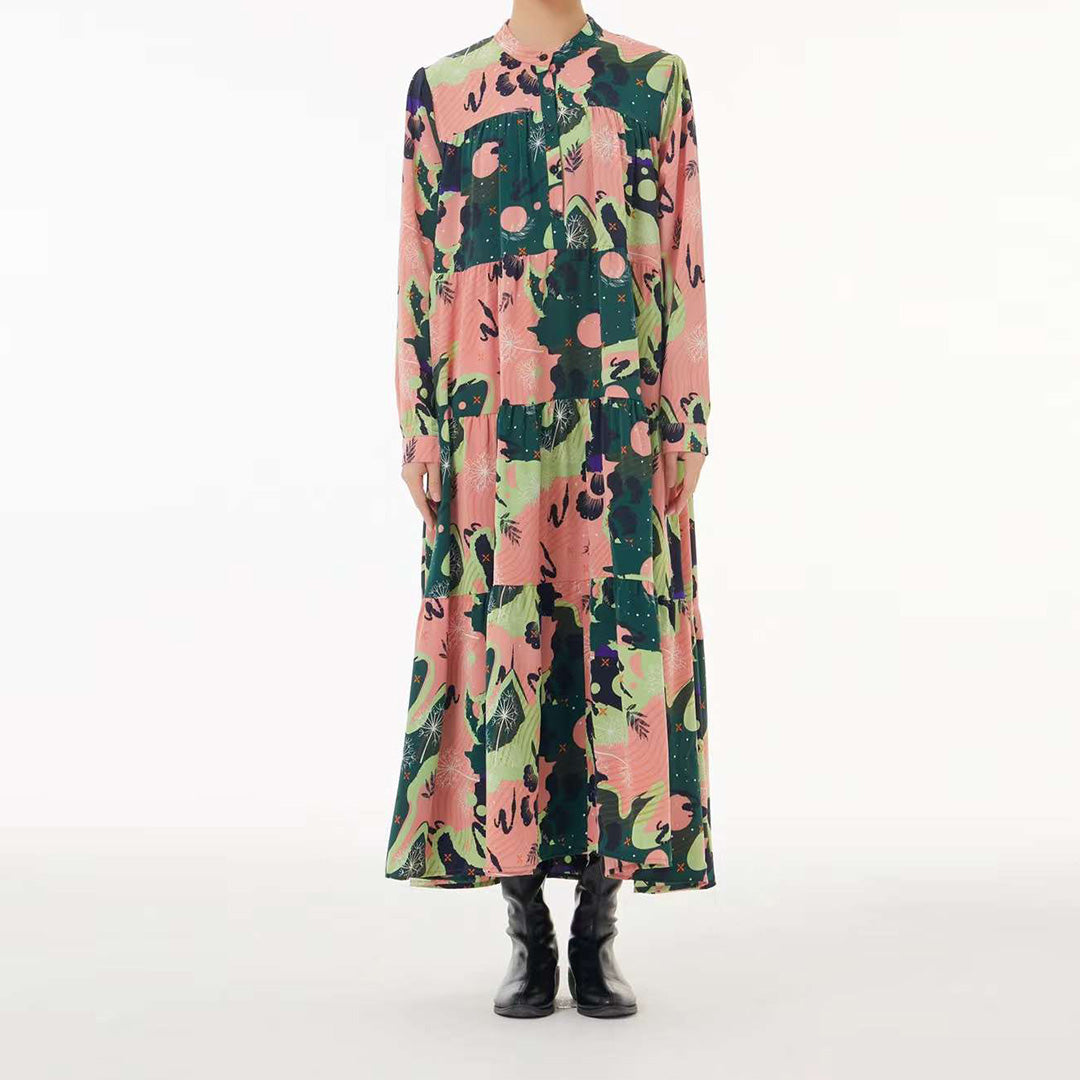 Enchanted Botanical Abstract Pattern Pink Long Sleeves Maxi Dress