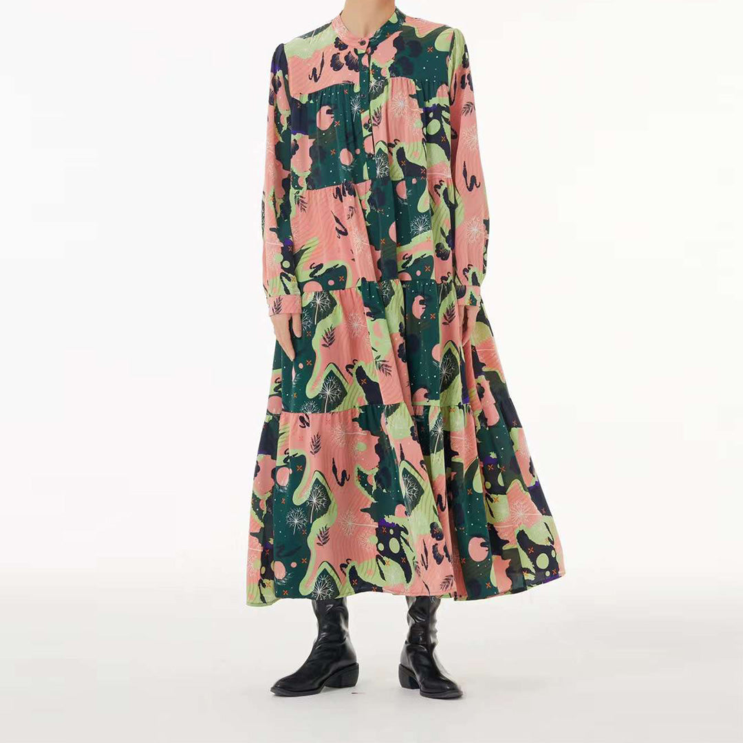 Enchanted Botanical Abstract Pattern Pink Long Sleeves Maxi Dress