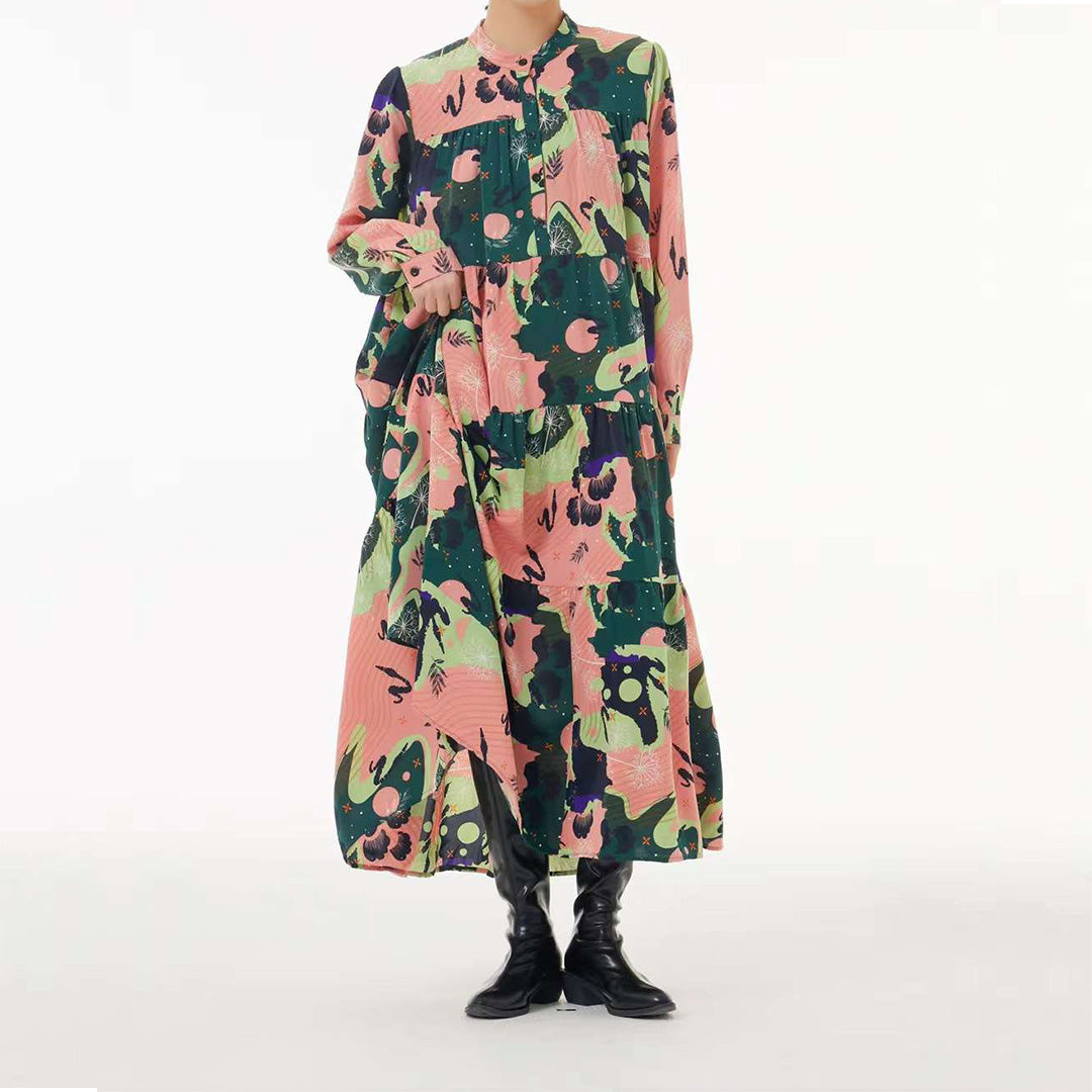 Enchanted Botanical Abstract Pattern Pink Long Sleeves Maxi Dress