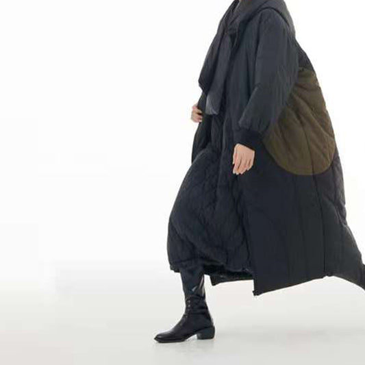 In Stock Circle Patchworks Contrast Colour Long Down Coat in Green and Black