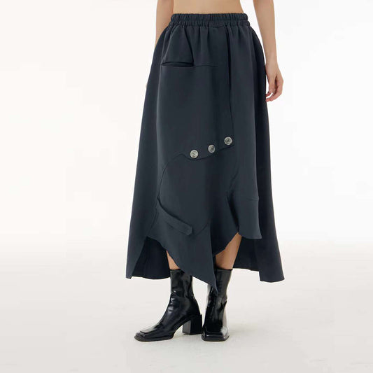 Buttons Decoration Irregular Cutting Long Skirt Available in Two Colours