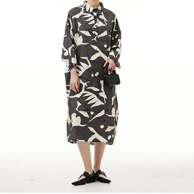 In Stock High Slit Abstract Print Loose Fit Shirt Dress