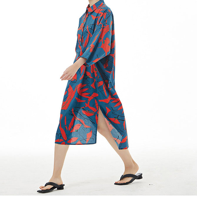 In Stock High Slit Abstract Print Loose Fit Shirt Dress