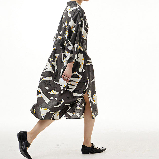 In Stock High Slit Abstract Print Loose Fit Shirt Dress