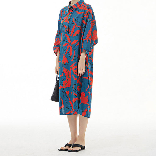 In Stock High Slit Abstract Print Loose Fit Shirt Dress