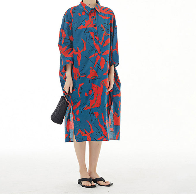 In Stock High Slit Abstract Print Loose Fit Shirt Dress