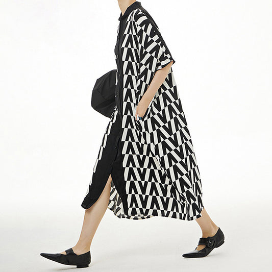 In Stock Geometric Pattern Black & White Loose Fit Dress