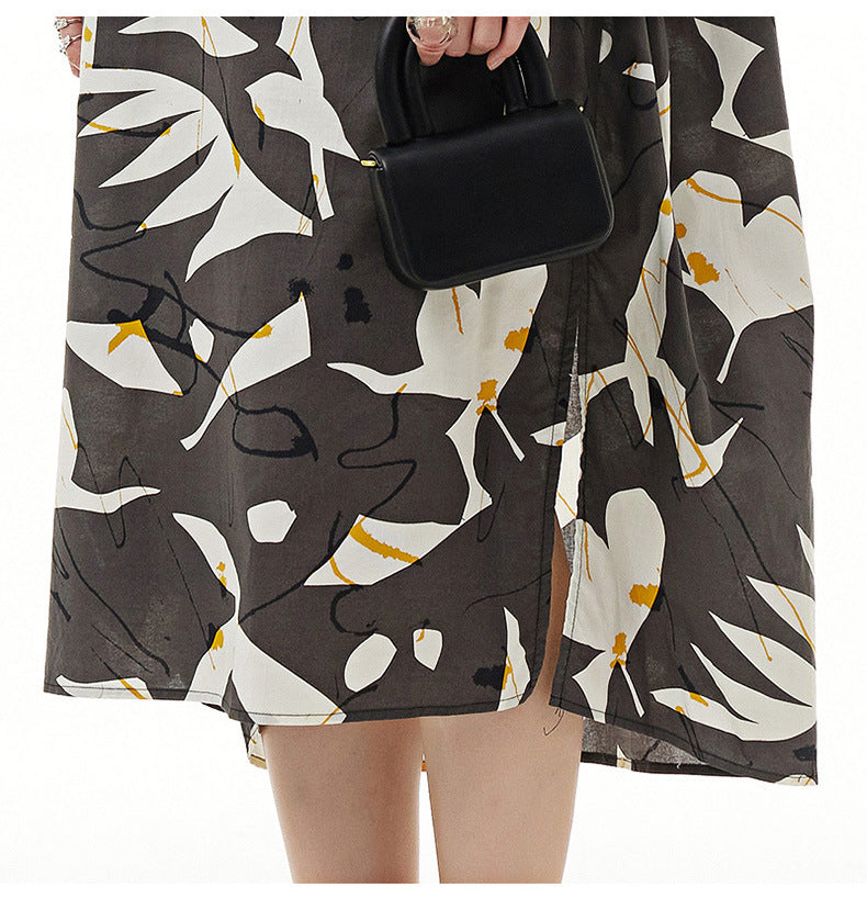 In Stock High Slit Abstract Print Loose Fit Shirt Dress